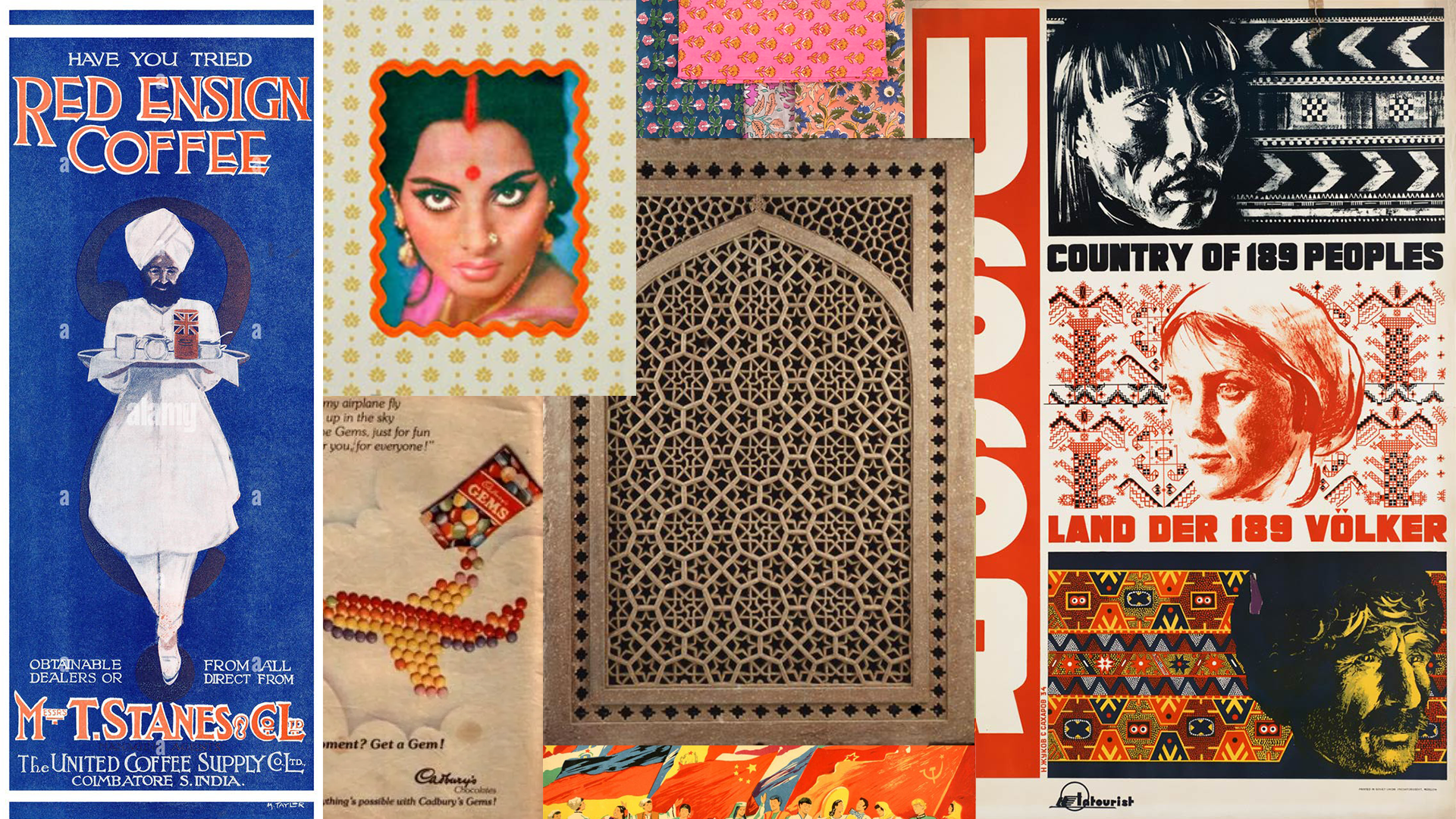 Vintage Indian advertising, soviet unifying posters and Mughal architecture patterns that have derived from Islamic geometric patterns